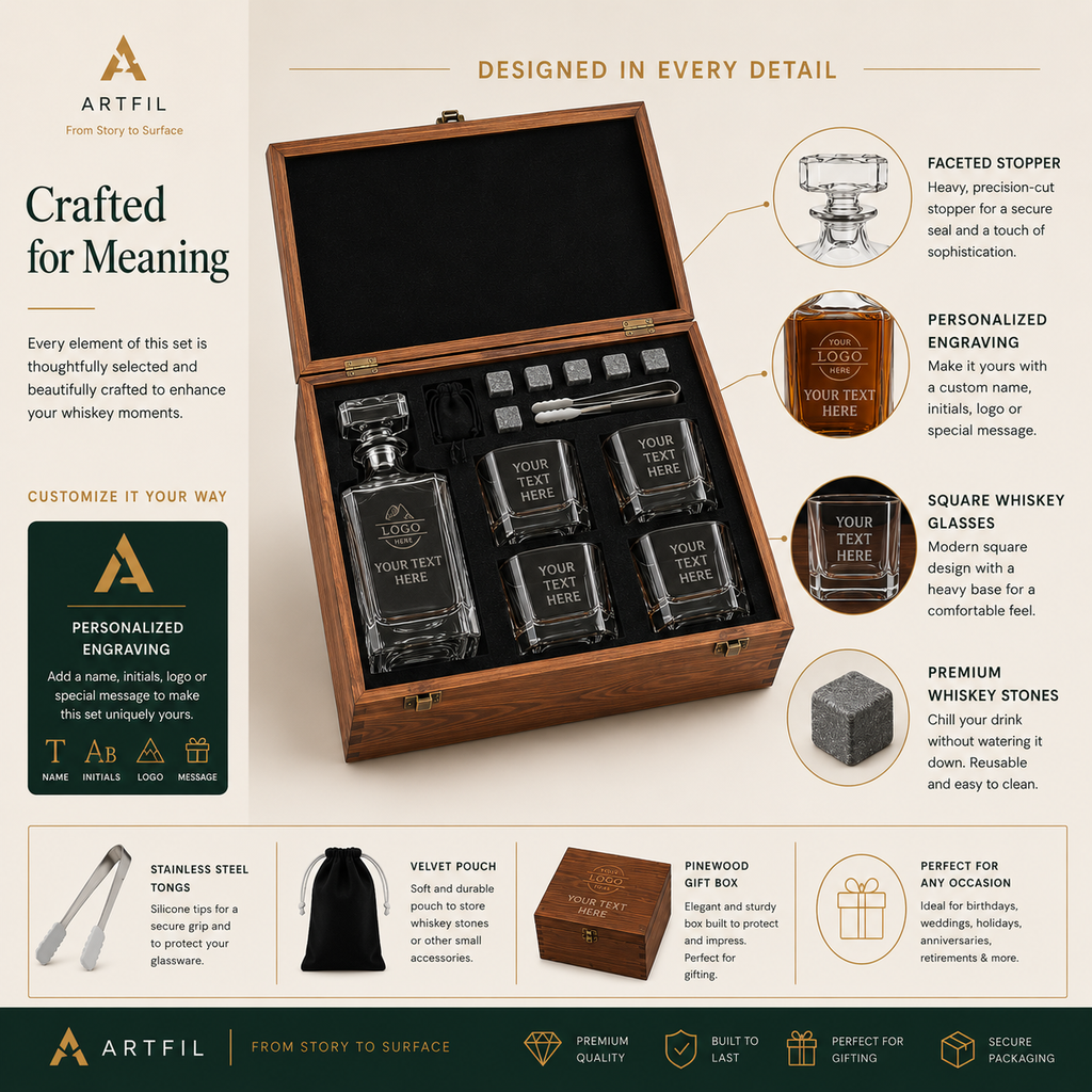 Personalized Whiskey Decanter Set with Wood Gift Box - Custom Bourbon and Scotch Gift Boxed Set