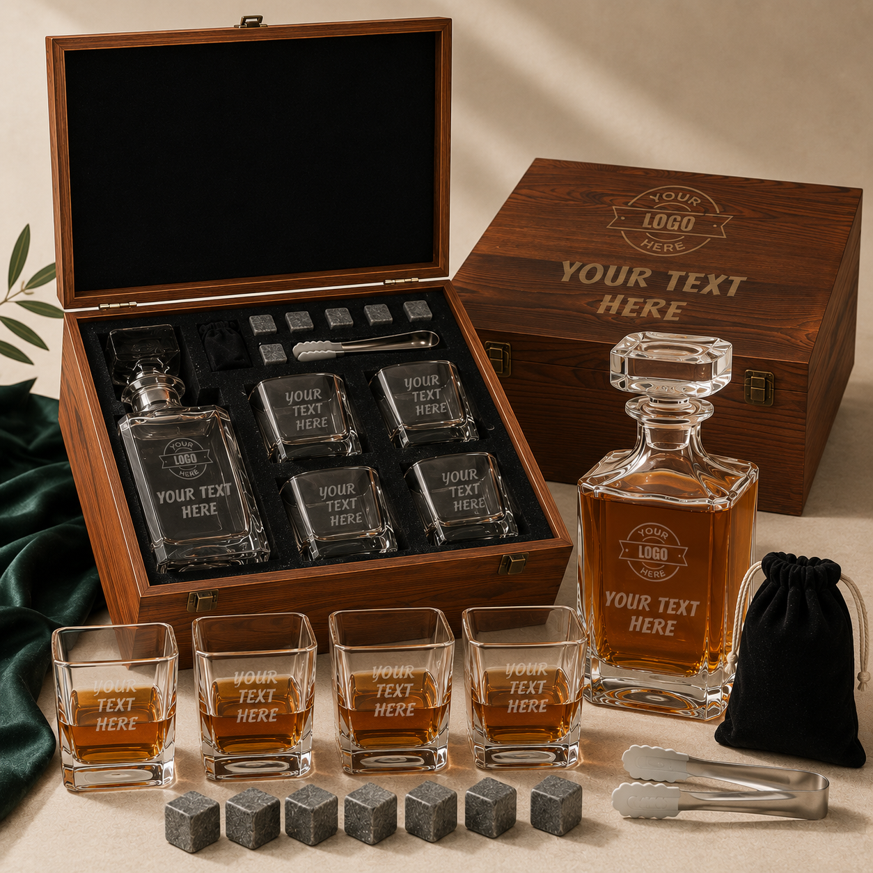 Personalized Whiskey Decanter Set with Wood Gift Box - Custom Bourbon and Scotch Gift Boxed Set