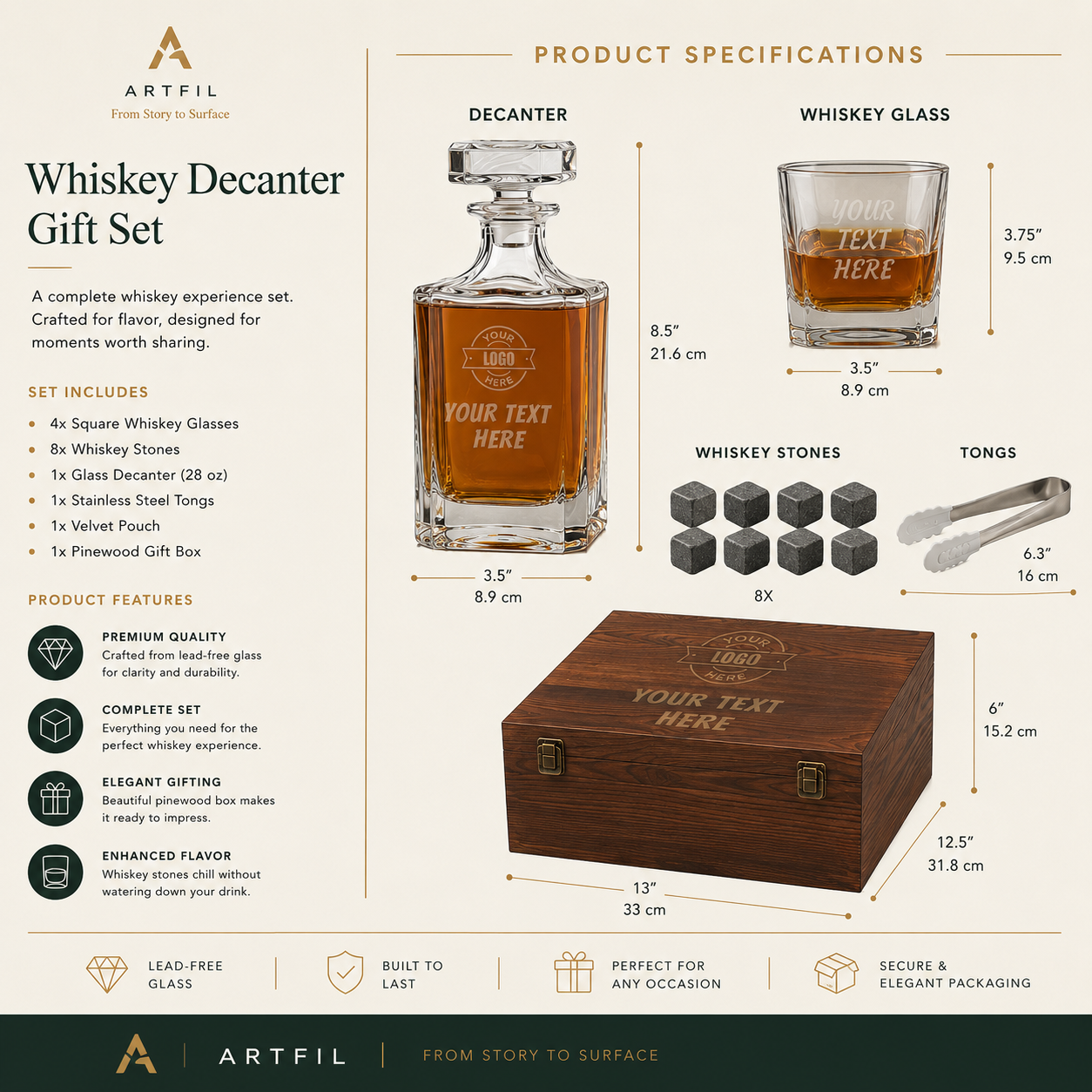 Personalized Whiskey Decanter Set with Wood Gift Box - Custom Bourbon and Scotch Gift Boxed Set