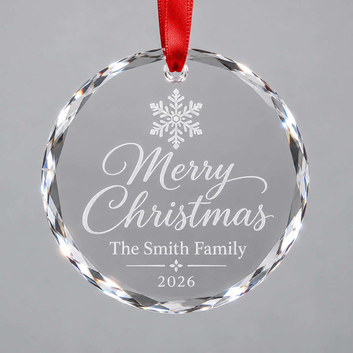 Personalized K9 crystal ornament laser engraved with a snowflake, Merry Christmas, The Smith Family 2026
