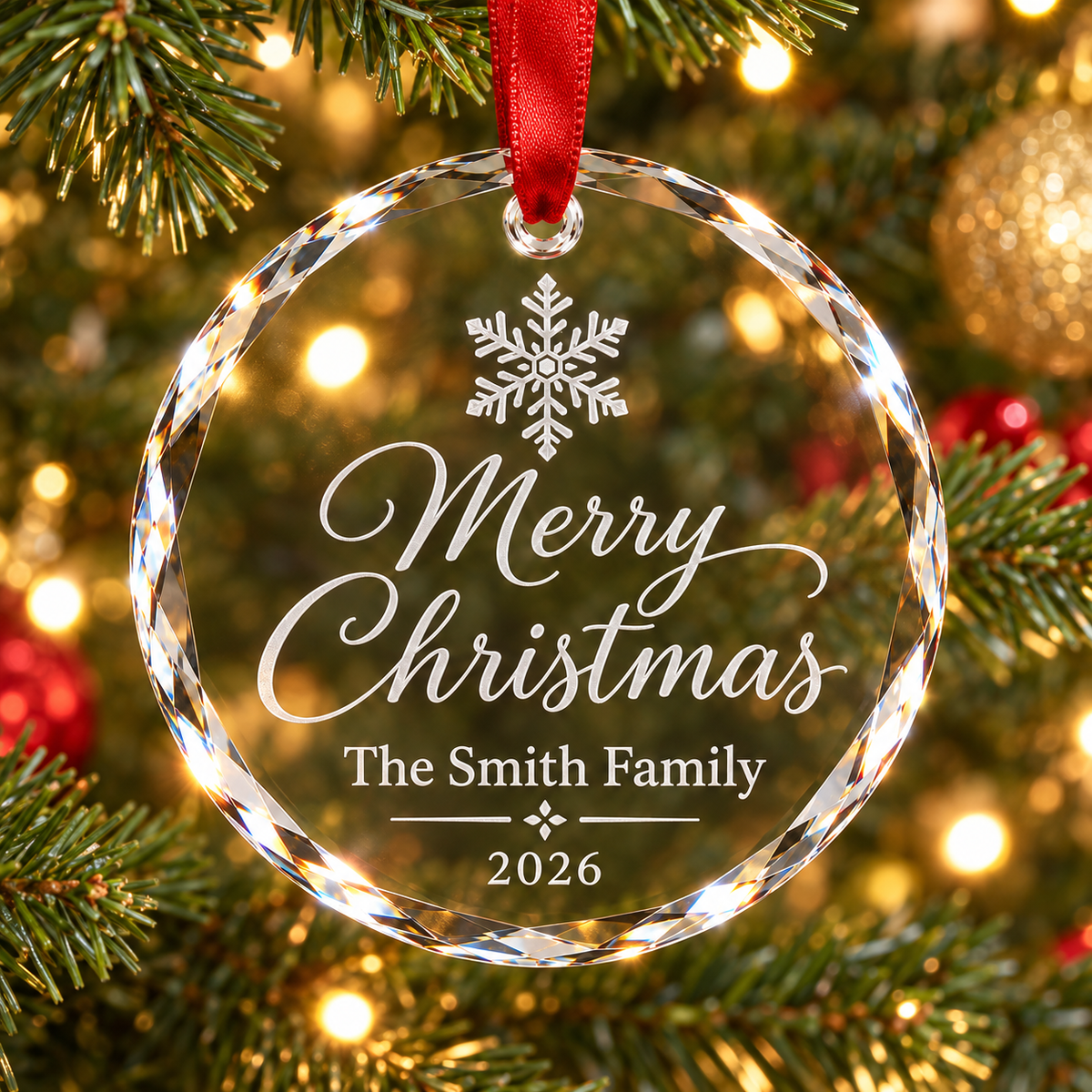 Engraved K9 crystal Christmas ornament with red ribbon, personalized with a family name and year