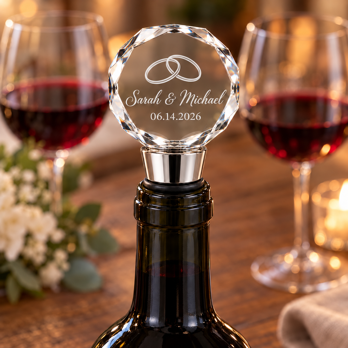 Engraved crystal wine stopper with stainless steel base, personalized wedding favor