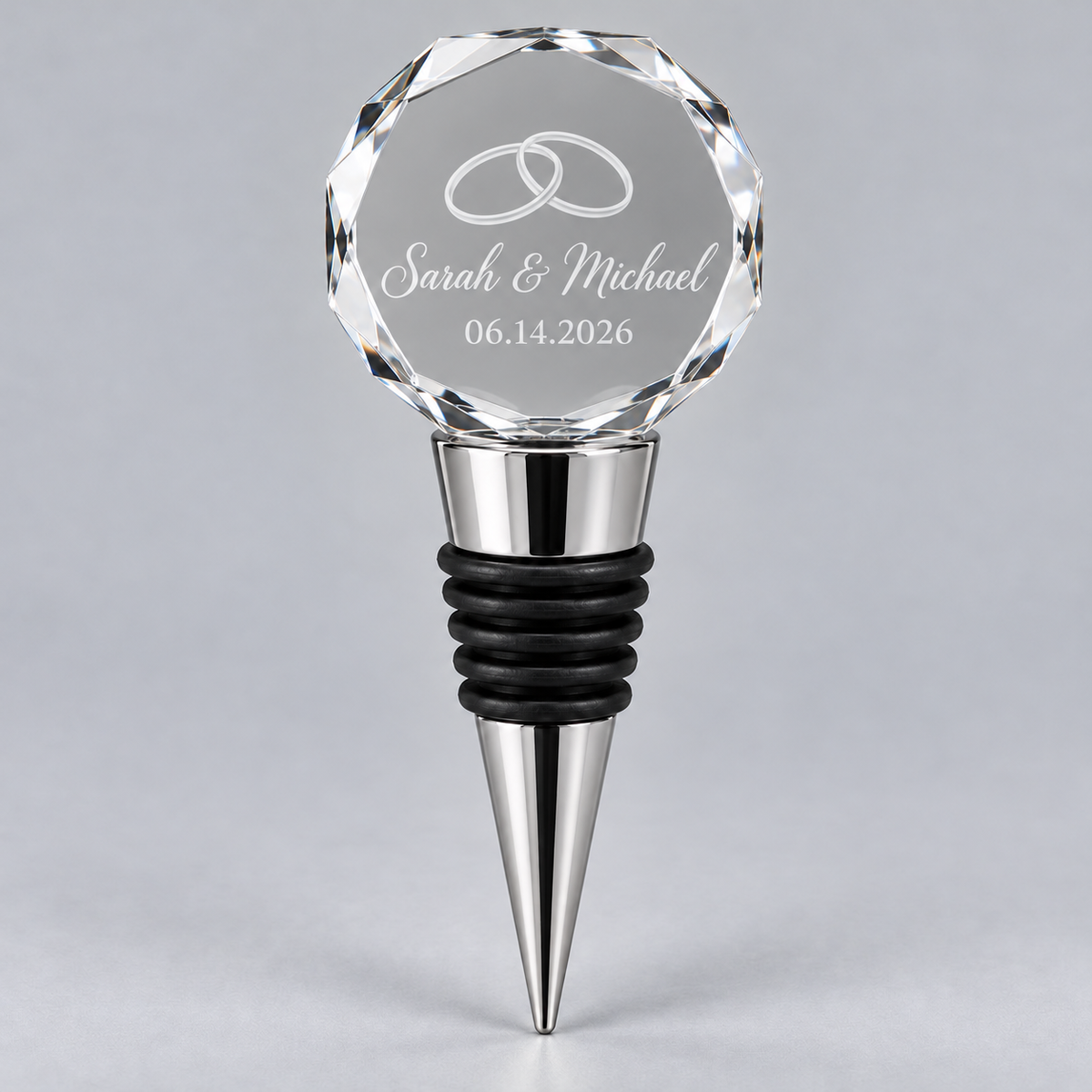 Personalized K9 crystal wine stopper laser engraved with wedding rings, Sarah & Michael 06.14.2026