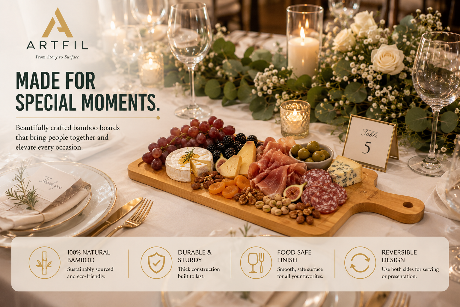 Customizable Narrow Bamboo Cutting & Serving Board