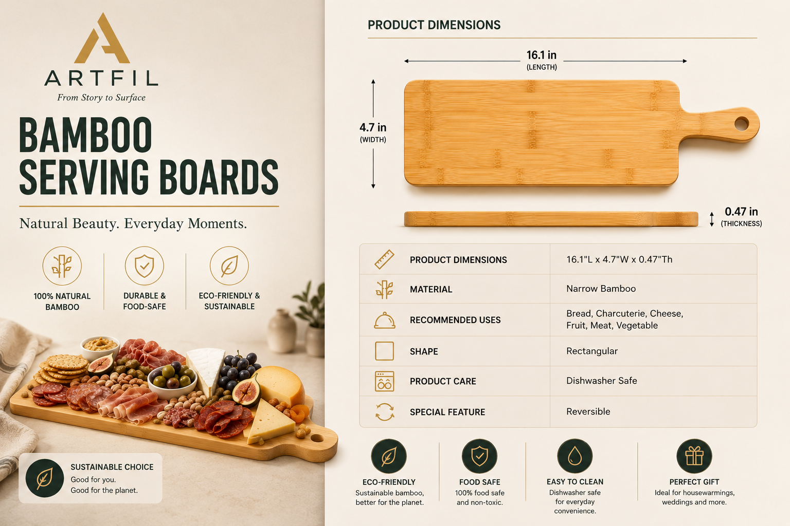 Customizable Narrow Bamboo Cutting & Serving Board